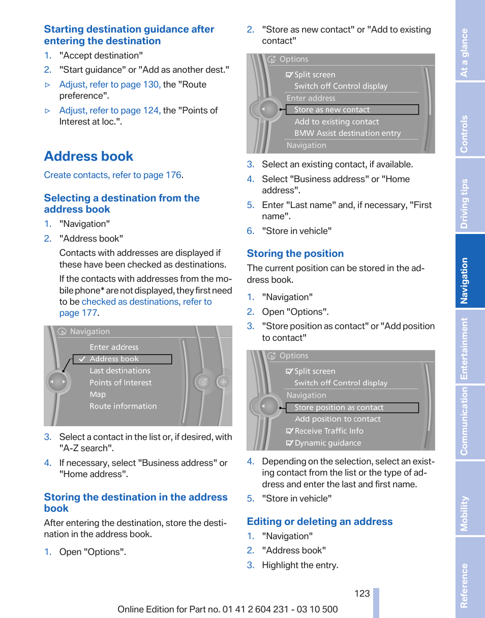 Address book, Select the destination from the address | BMW Z4 sDrive35is 2011 User Manual | Page 123 / 247