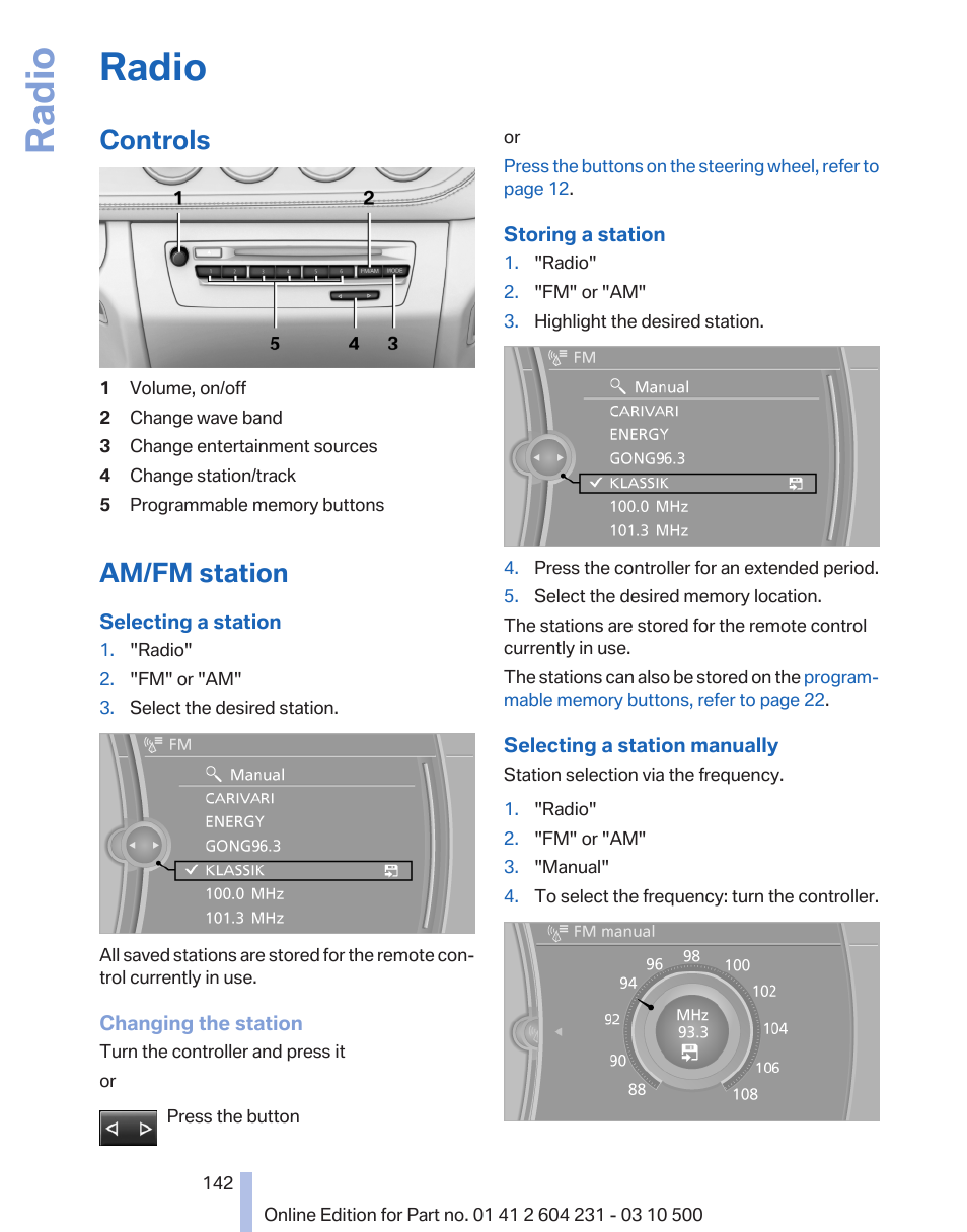 Radio, Controls, Am/fm station | Radio 142 | BMW Z4 sDrive35is 2011 User Manual | Page 142 / 247