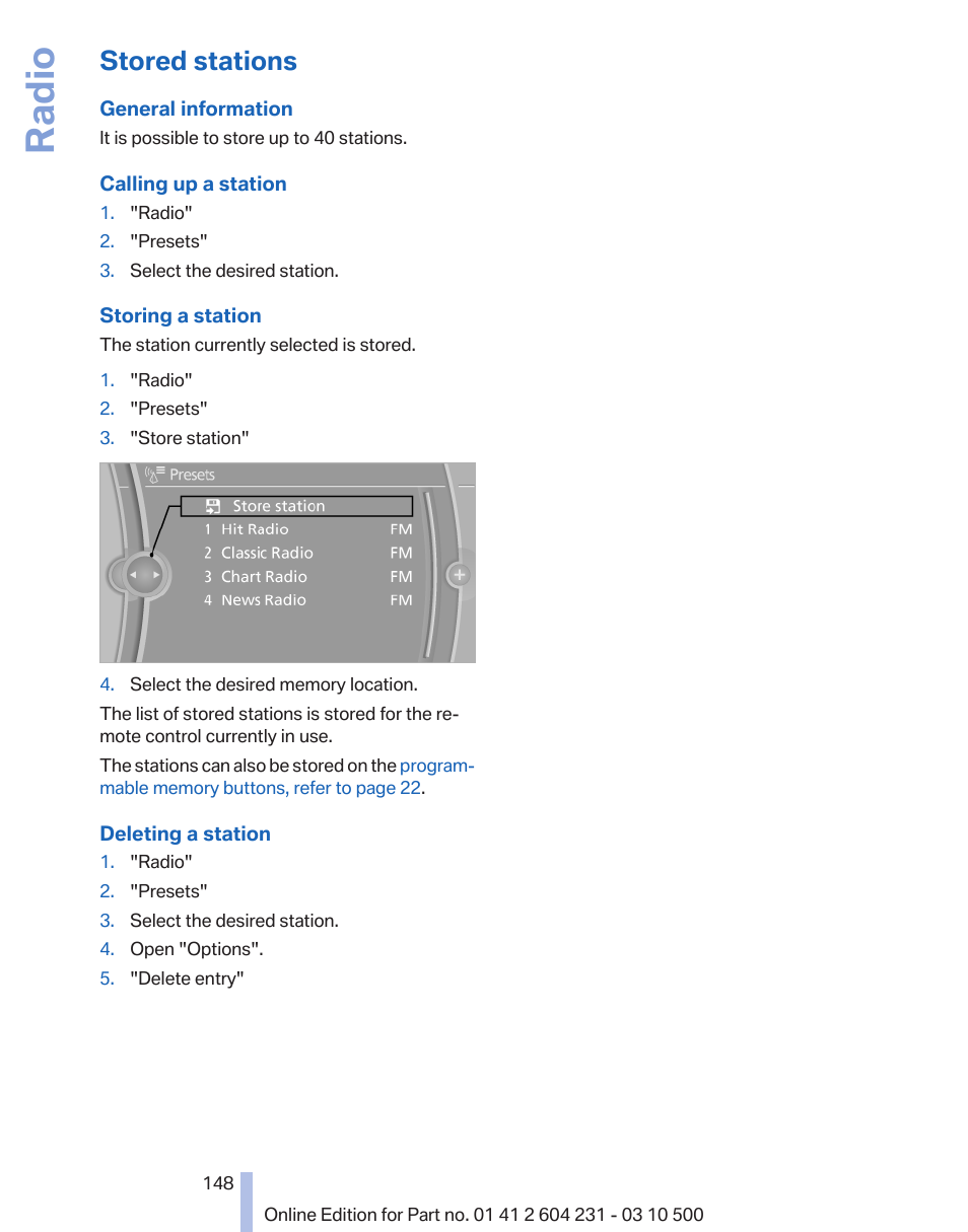 Stored stations, Radio | BMW Z4 sDrive35is 2011 User Manual | Page 148 / 247