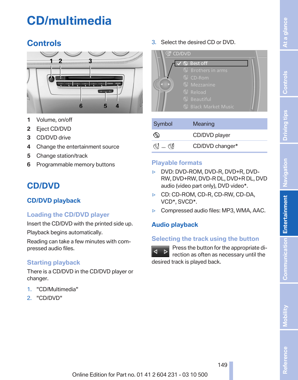 Cd/multimedia, Controls, Cd/dvd | Audio cd/dvd 149, Cd/dvd 149 | BMW Z4 sDrive35is 2011 User Manual | Page 149 / 247