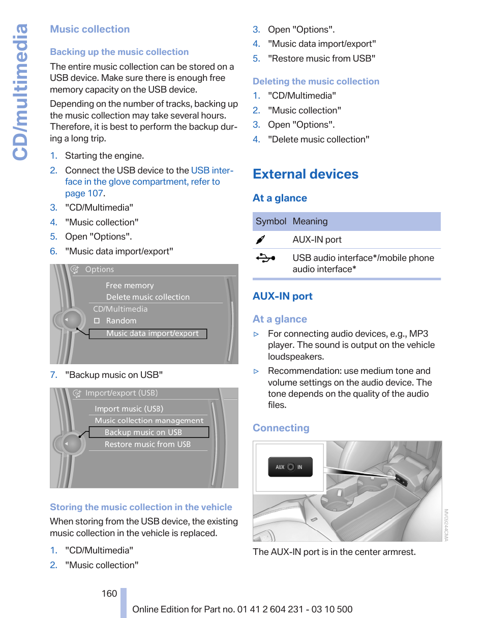 External devices, Cd/multimedia | BMW Z4 sDrive35is 2011 User Manual | Page 160 / 247