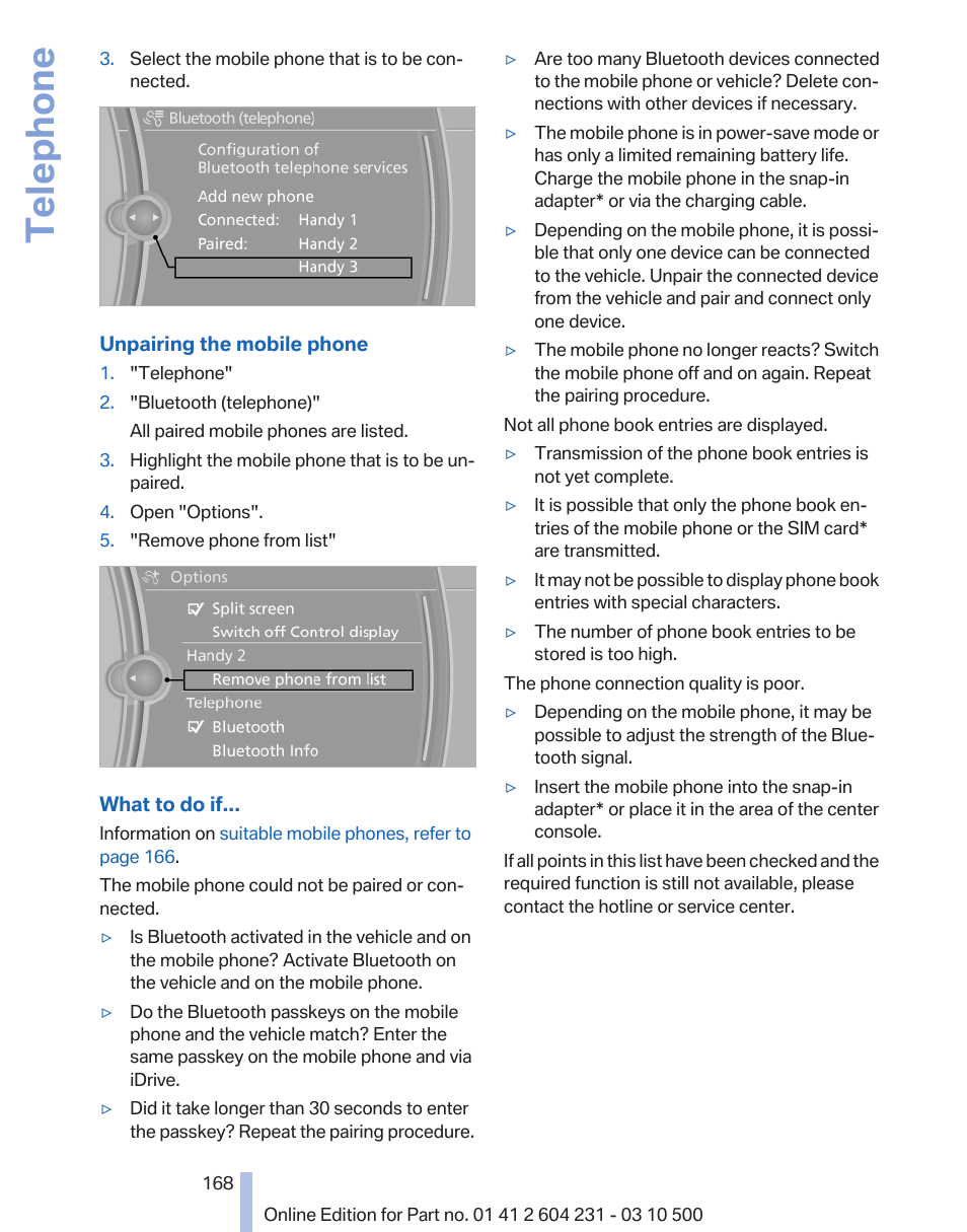 What to do if, refer, Telephone | BMW Z4 sDrive35is 2011 User Manual | Page 168 / 247