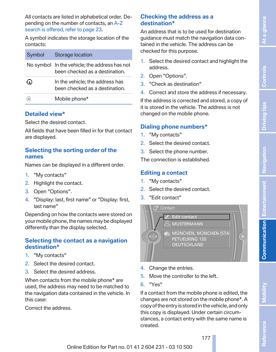 Checked as destinations, refer to, Contacts", refer to | BMW Z4 sDrive35is 2011 User Manual | Page 177 / 247