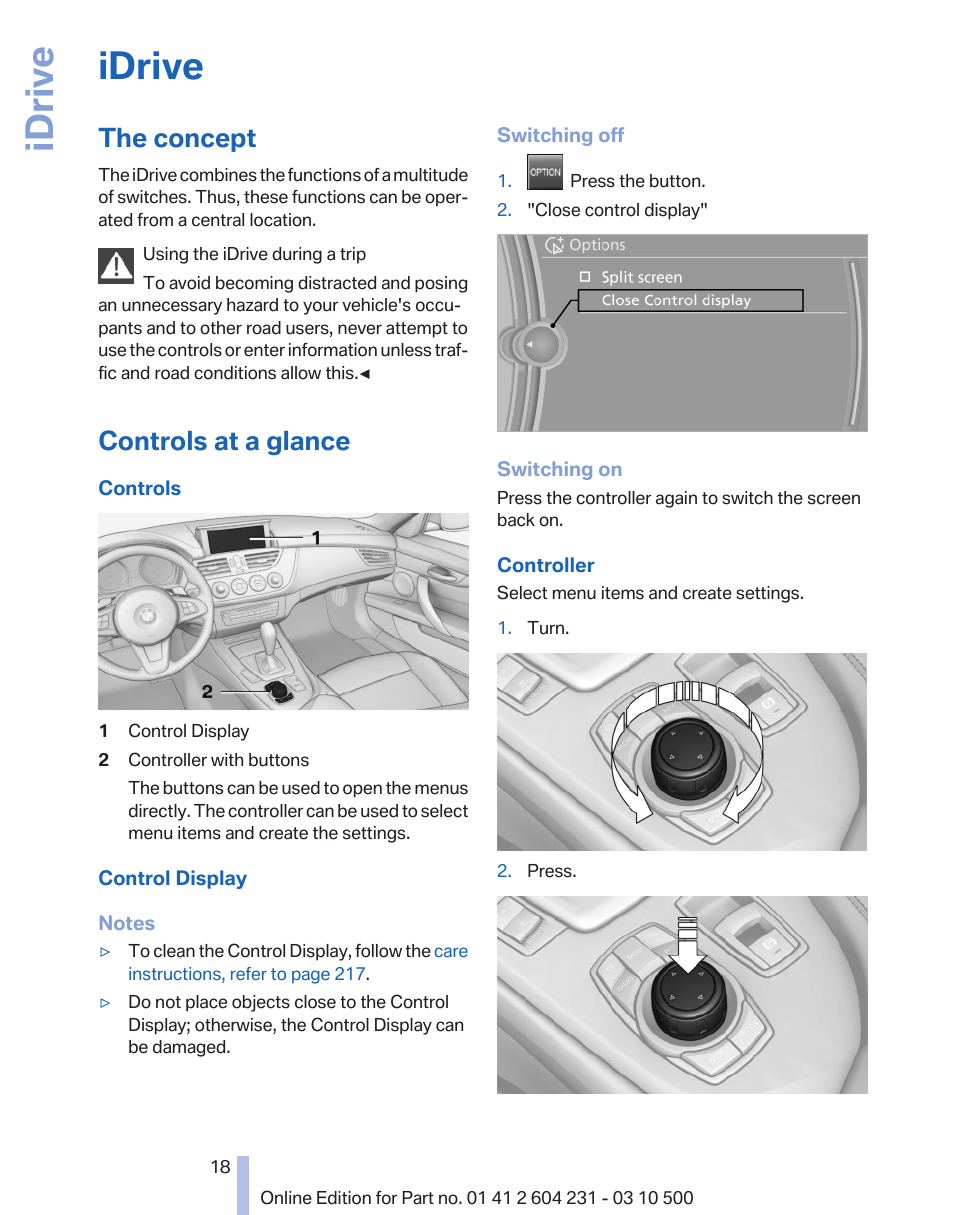 Idrive, The concept, Controls at a glance | Control display 18, Controller with buttons 18 | BMW Z4 sDrive35is 2011 User Manual | Page 18 / 247