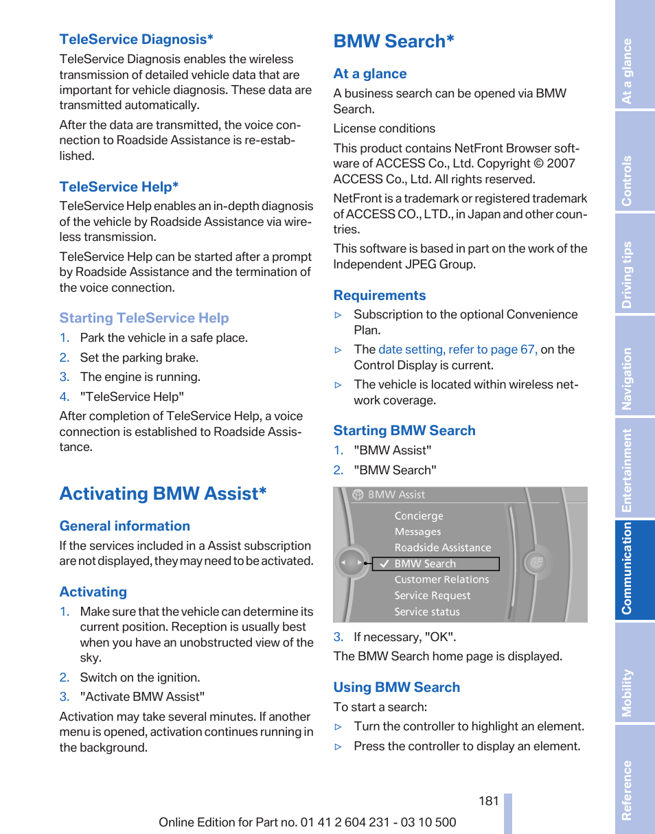 Activating bmw assist, Bmw search | BMW Z4 sDrive35is 2011 User Manual | Page 181 / 247