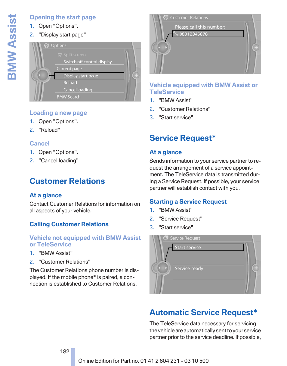 Customer relations, Service request, Automatic service request | Bmw assist | BMW Z4 sDrive35is 2011 User Manual | Page 182 / 247