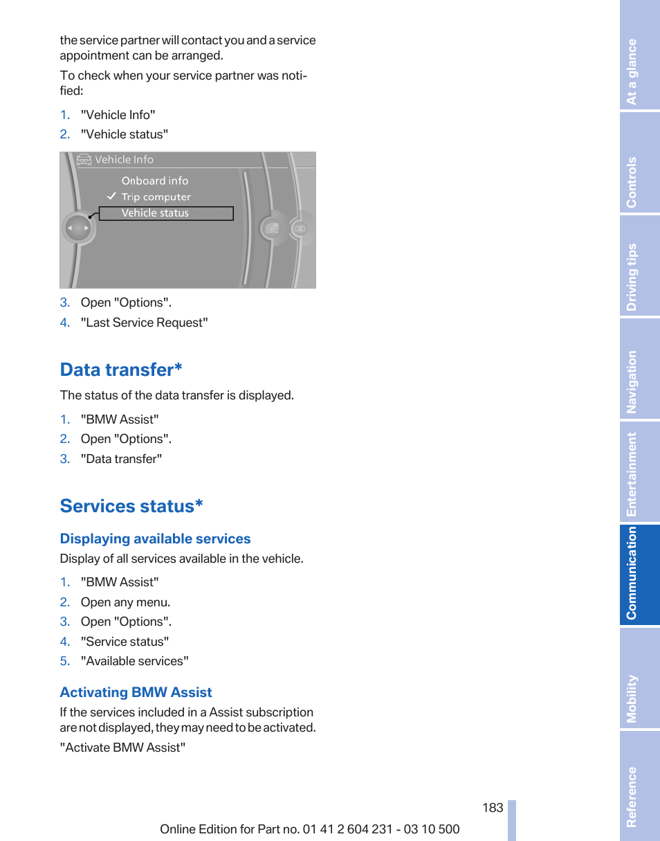 Data transfer, Services status | BMW Z4 sDrive35is 2011 User Manual | Page 183 / 247