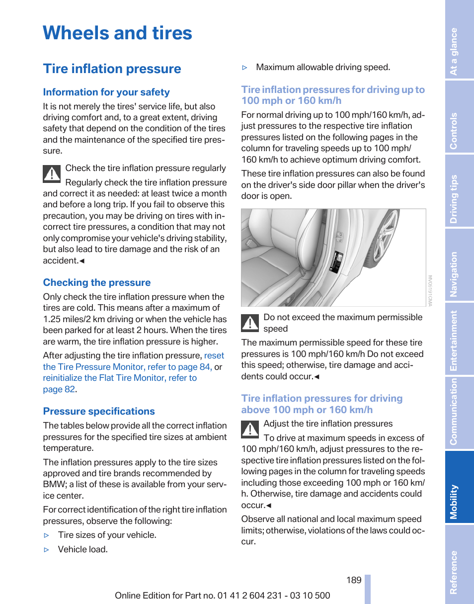 Wheels and tires, Tire inflation pressure, Tire inflation | BMW Z4 sDrive35is 2011 User Manual | Page 189 / 247