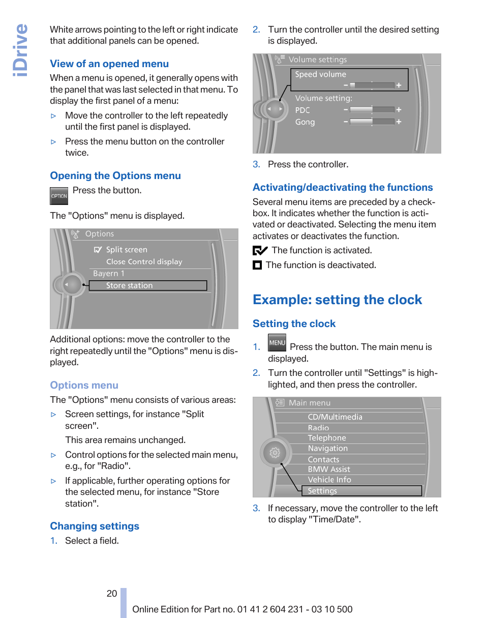 Example: setting the clock, Idrive | BMW Z4 sDrive35is 2011 User Manual | Page 20 / 247