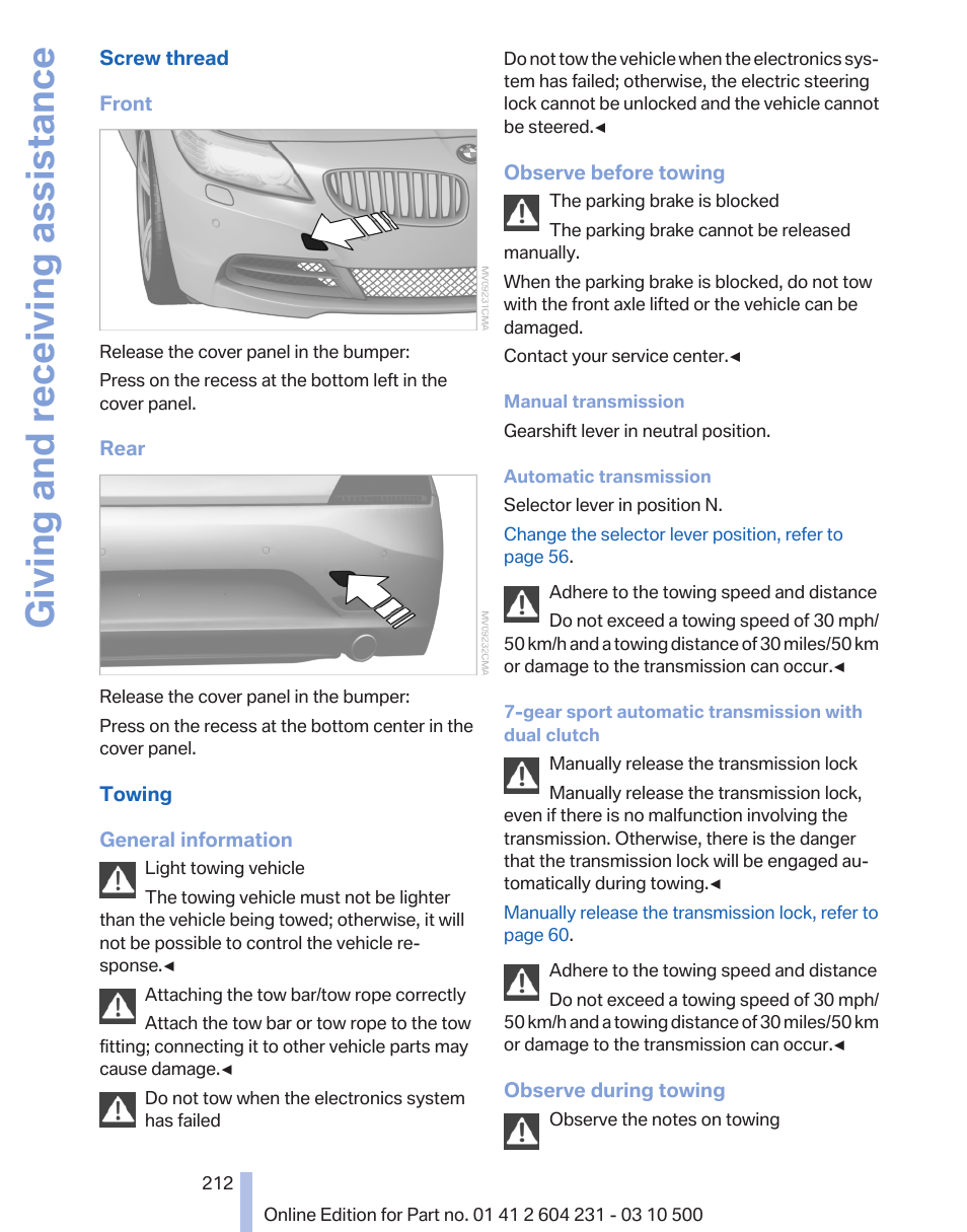 Giving and receiving assistance | BMW Z4 sDrive35is 2011 User Manual | Page 212 / 247