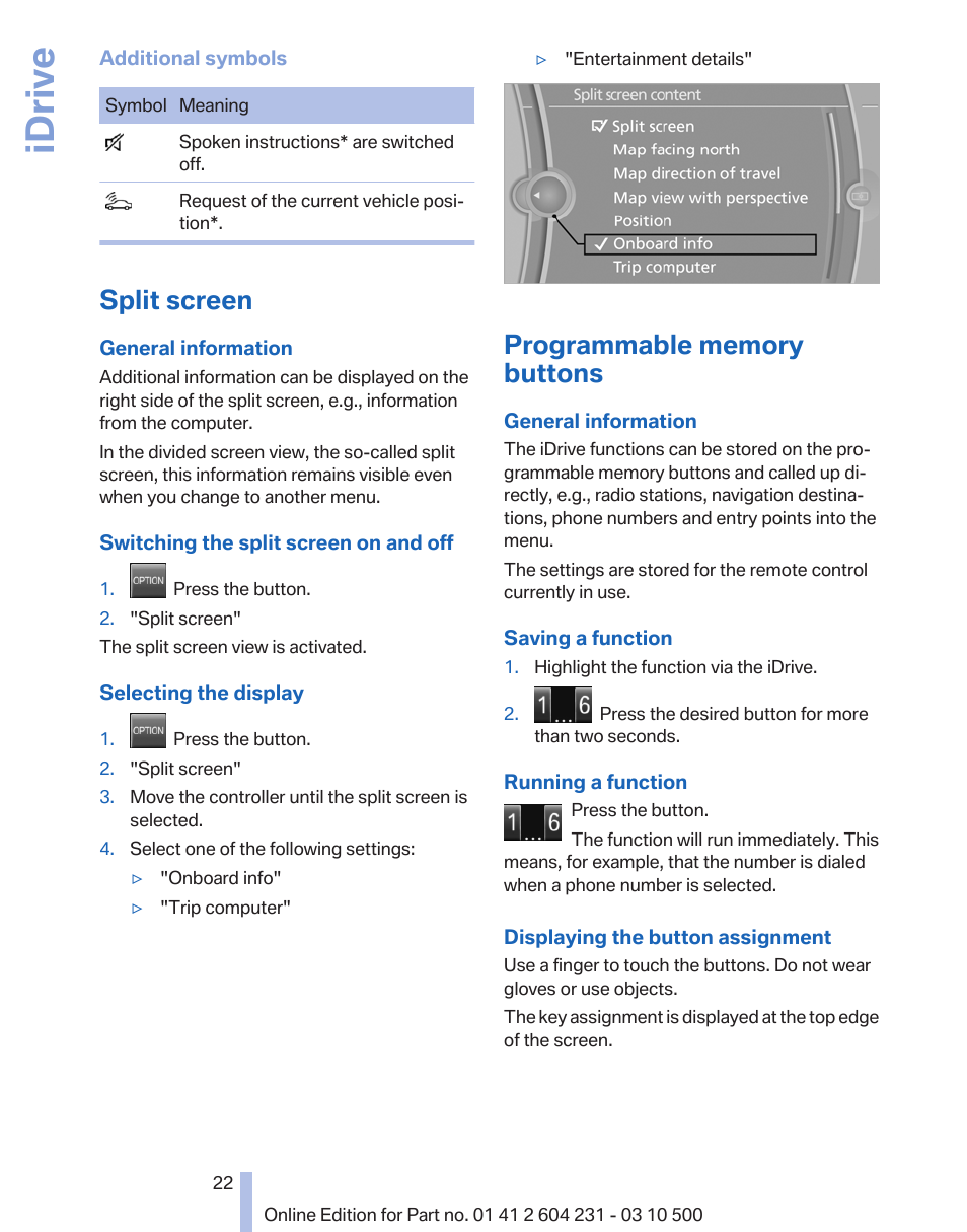 Split screen, Programmable memory buttons, Idrive | BMW Z4 sDrive35is 2011 User Manual | Page 22 / 247