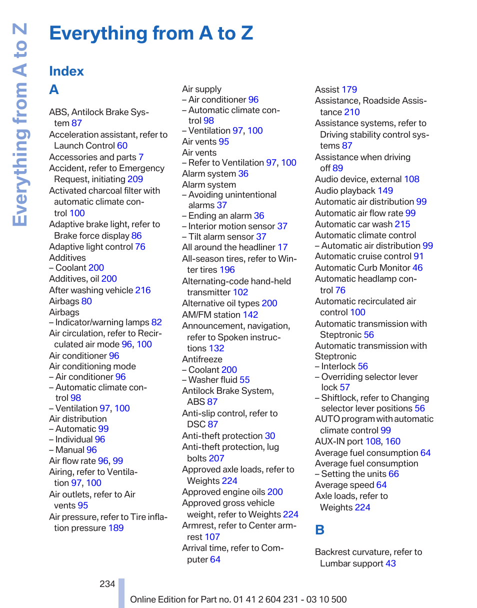 Ular topic or item is by using the, Index, refer to, Everything from a to z | Index a | BMW Z4 sDrive35is 2011 User Manual | Page 234 / 247