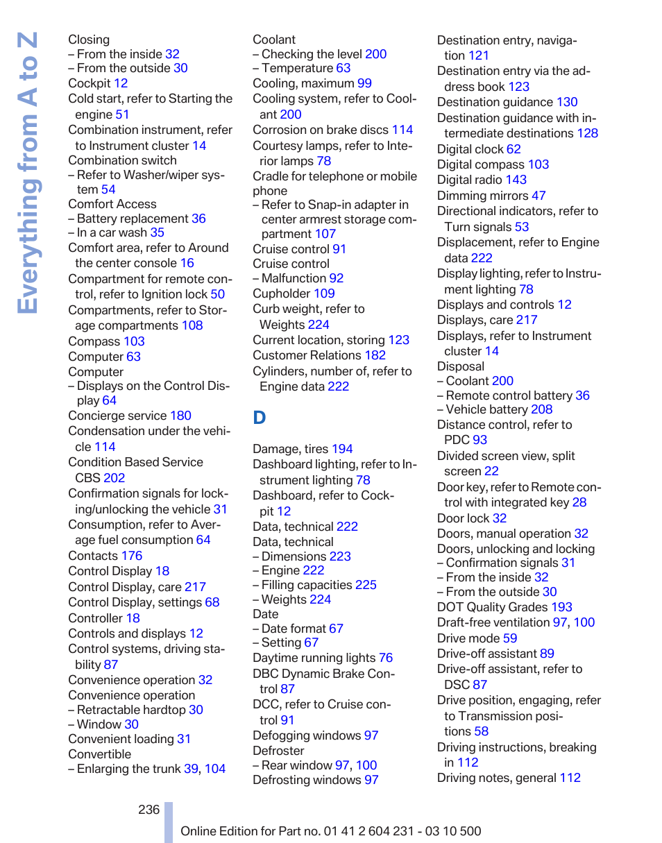 Everything from a to z | BMW Z4 sDrive35is 2011 User Manual | Page 236 / 247