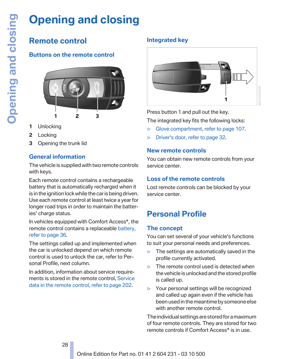 Opening and closing, Remote control, Personal profile | BMW Z4 sDrive35is 2011 User Manual | Page 28 / 247