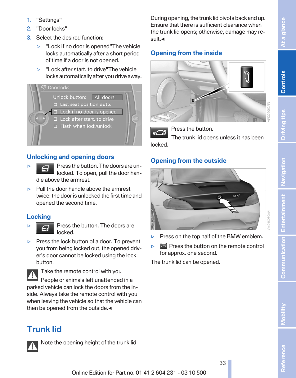 Trunk lid, Open the trunk lid 33 | BMW Z4 sDrive35is 2011 User Manual | Page 33 / 247