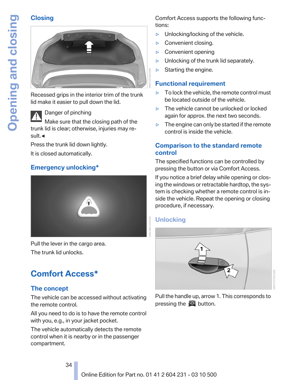 Comfort access, Opening and closing | BMW Z4 sDrive35is 2011 User Manual | Page 34 / 247