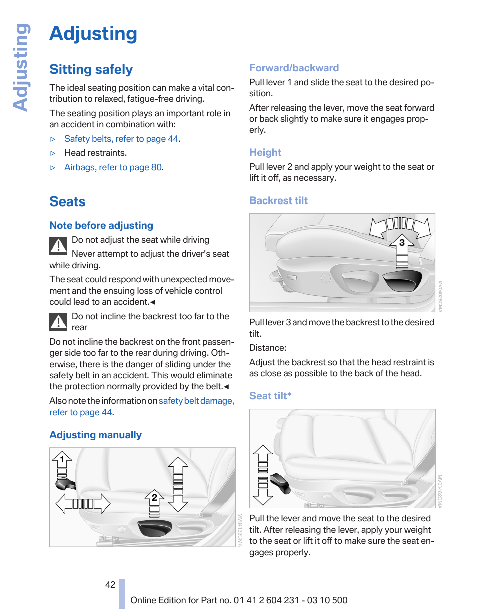 Adjusting, Sitting safely, Seats | BMW Z4 sDrive35is 2011 User Manual | Page 42 / 247