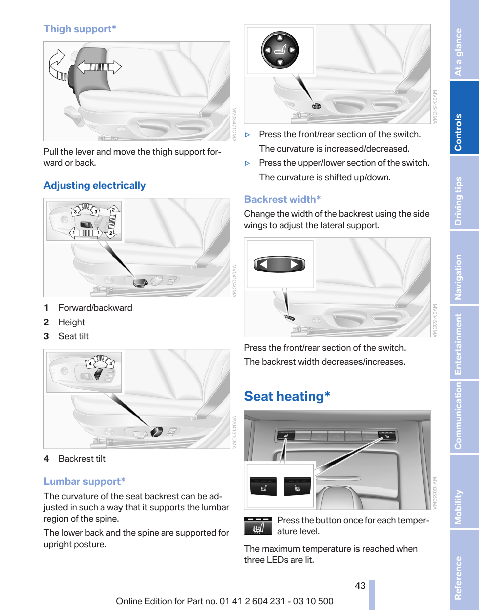 Seat heating, Seat heating* 43 | BMW Z4 sDrive35is 2011 User Manual | Page 43 / 247