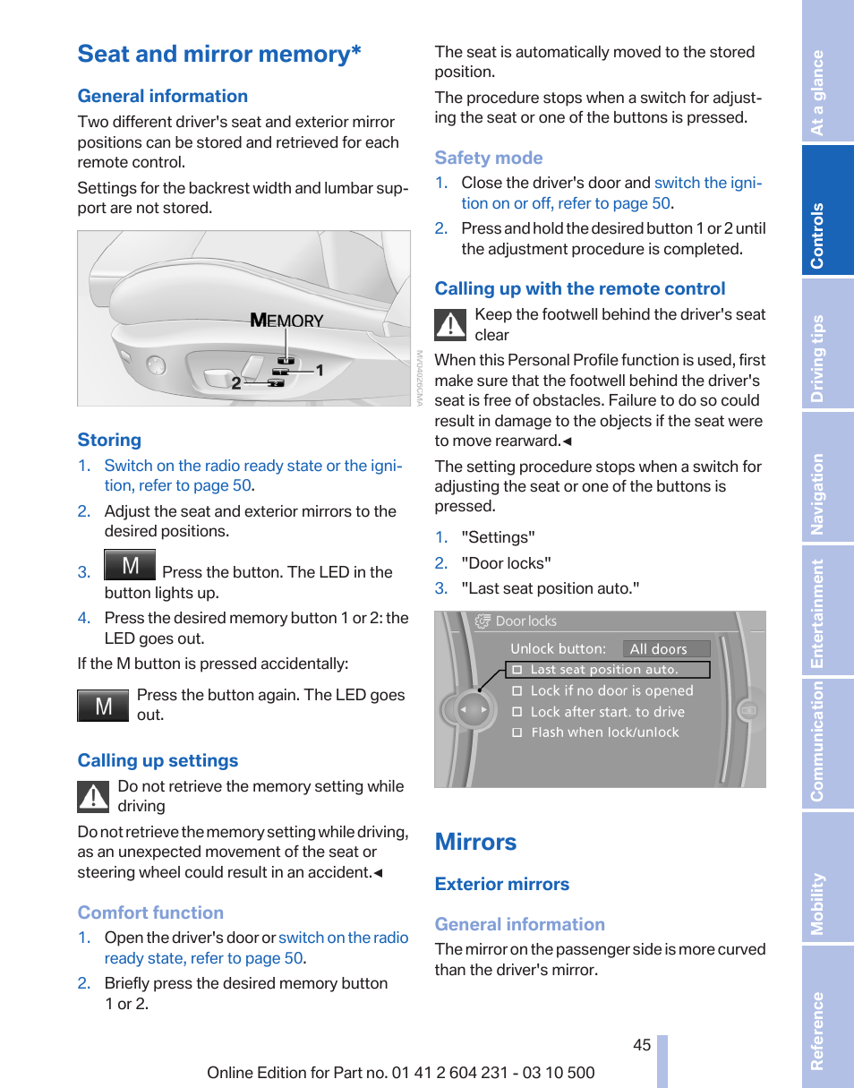 Seat and mirror memory, Mirrors, Exterior mirrors, folding in and out* 45 | Automatic call-up* of the driver's seat posi | BMW Z4 sDrive35is 2011 User Manual | Page 45 / 247