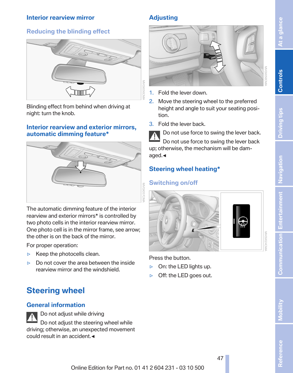 Steering wheel, Steering wheel heating* 47, Adjust the steering wheel 47 | BMW Z4 sDrive35is 2011 User Manual | Page 47 / 247