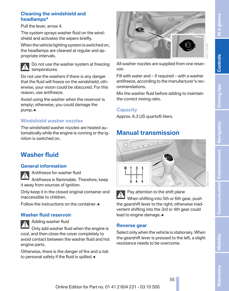 Washer fluid, Manual transmission | BMW Z4 sDrive35is 2011 User Manual | Page 55 / 247