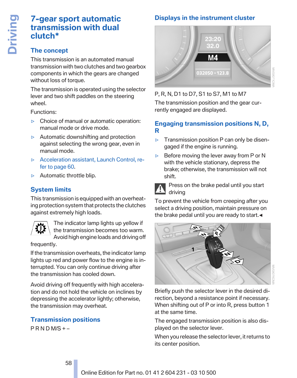 Gear sport automatic transmission with dual clutch, Gear display for 7-gear sport automatic, Transmission with dual clutch* 58 | Driving | BMW Z4 sDrive35is 2011 User Manual | Page 58 / 247