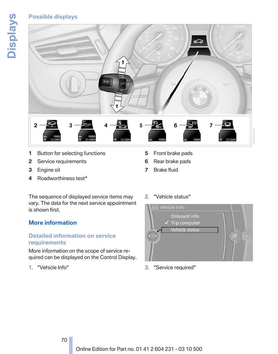 Displays | BMW Z4 sDrive35is 2011 User Manual | Page 70 / 247