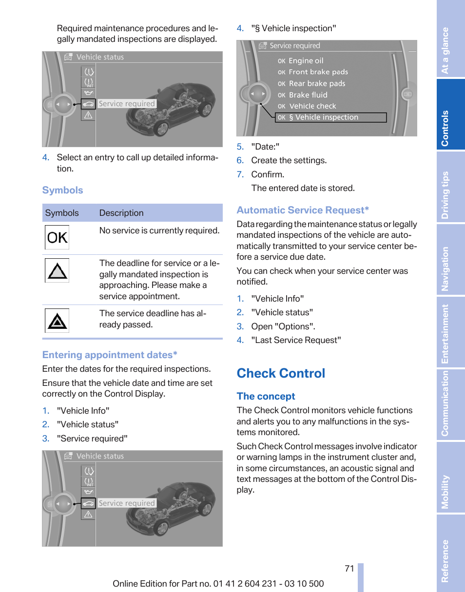 Check control, Check control message, Present 71 | Calling up check control 71 | BMW Z4 sDrive35is 2011 User Manual | Page 71 / 247