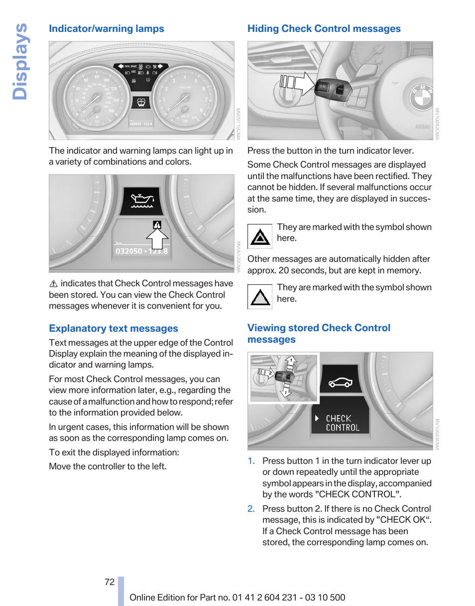 Displays | BMW Z4 sDrive35is 2011 User Manual | Page 72 / 247