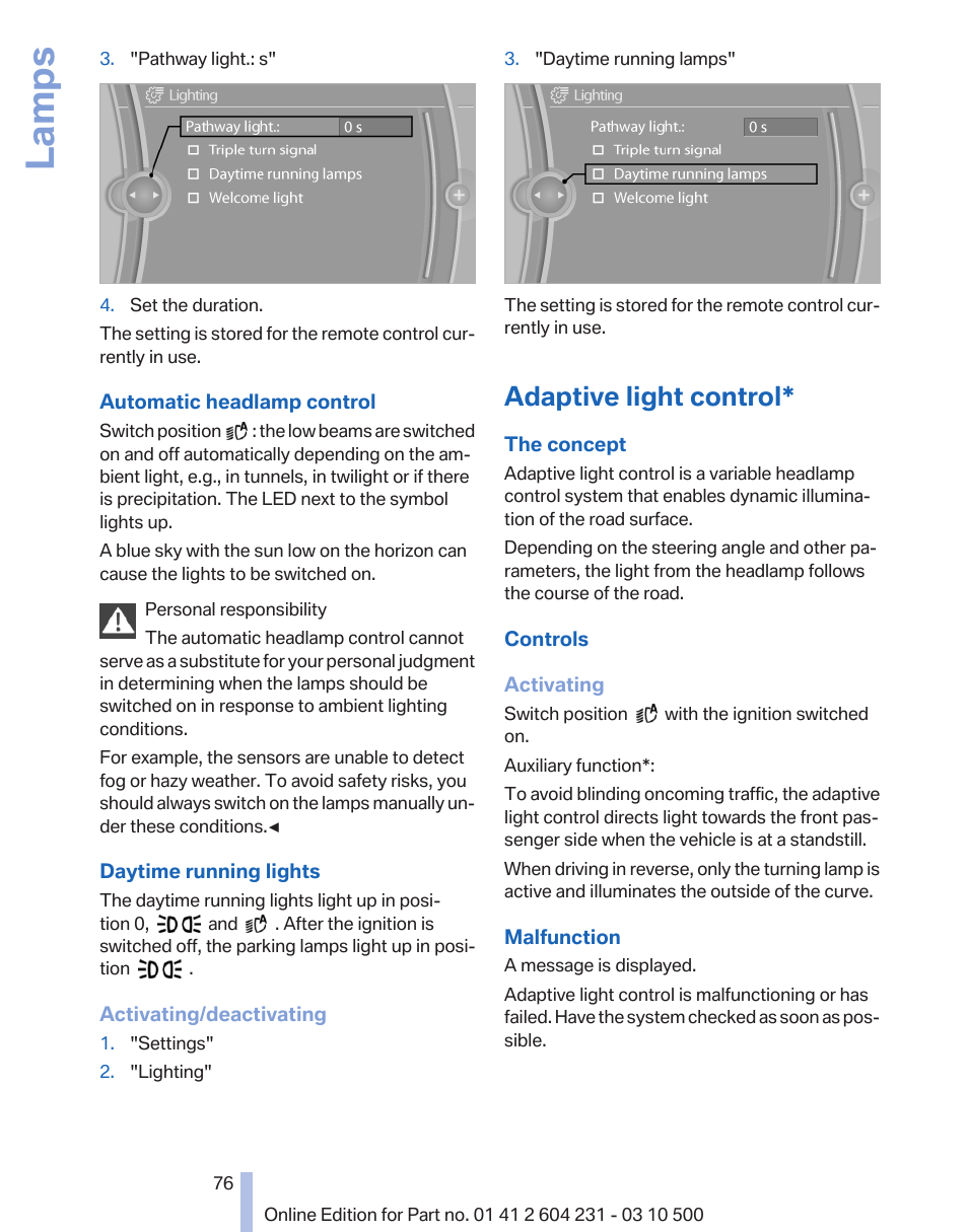 Adaptive light control, Daytime running lights, refer to, Lamps | BMW Z4 sDrive35is 2011 User Manual | Page 76 / 247