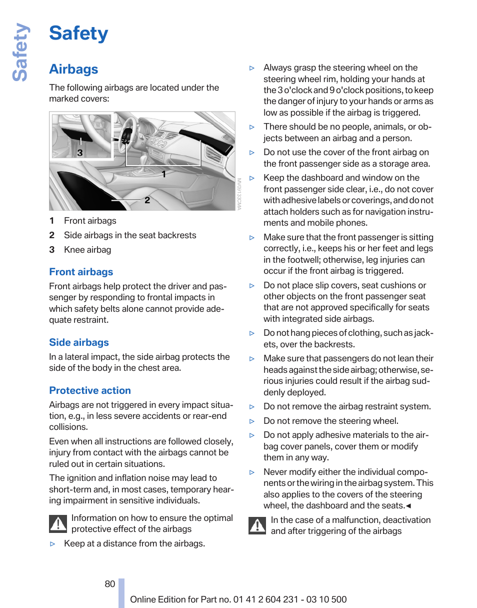 Safety, Airbags | BMW Z4 sDrive35is 2011 User Manual | Page 80 / 247