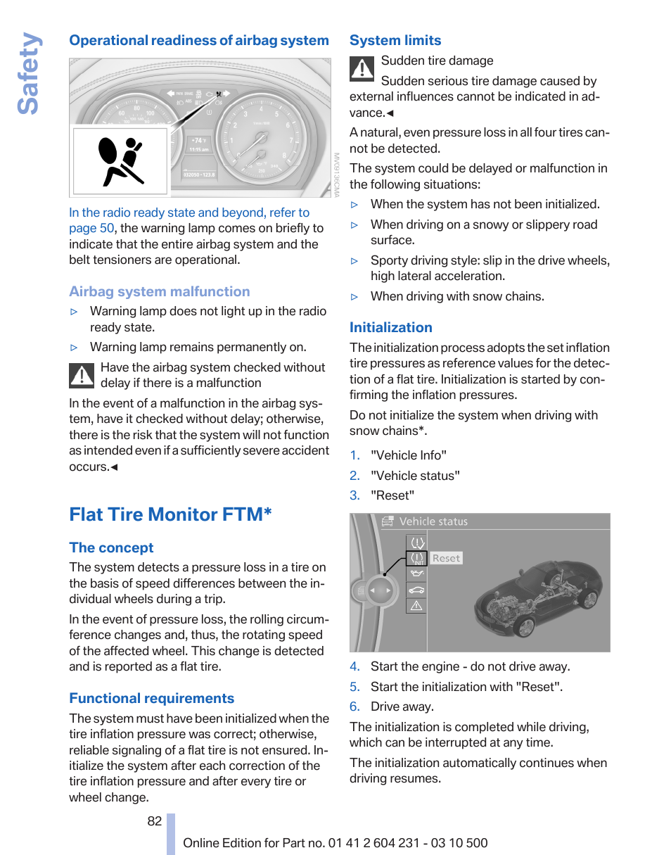 Flat tire monitor ftm, Safety | BMW Z4 sDrive35is 2011 User Manual | Page 82 / 247