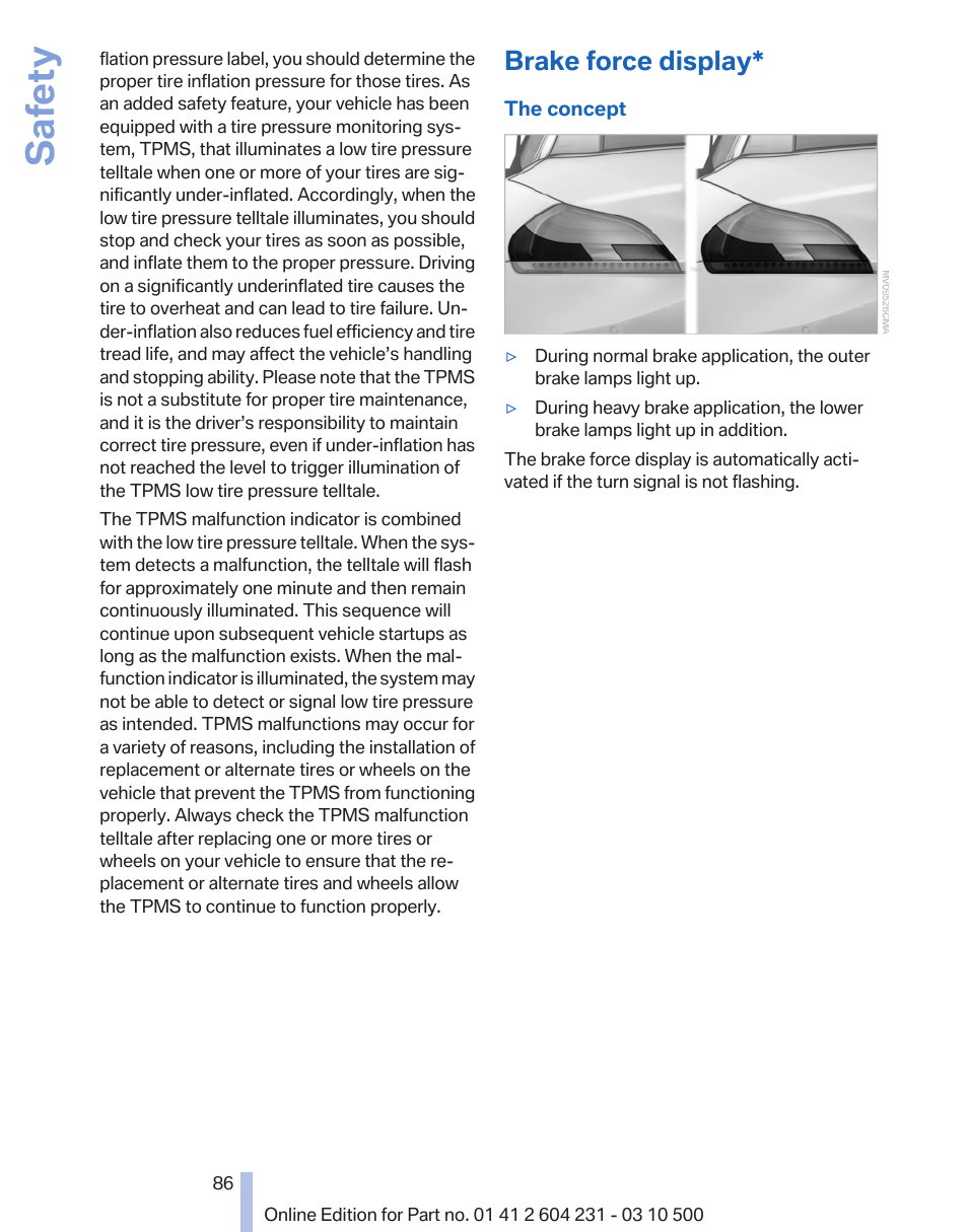 Brake force display, Safety | BMW Z4 sDrive35is 2011 User Manual | Page 86 / 247