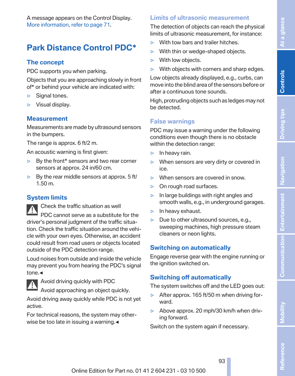 Park distance control pdc, Park distance control pdc* 93 | BMW Z4 sDrive35is 2011 User Manual | Page 93 / 247