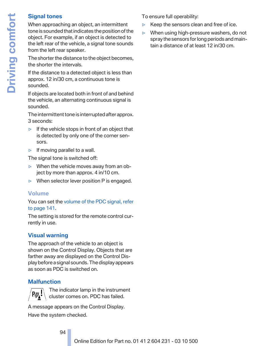 Visual warning for the park distance, Driving comfort | BMW Z4 sDrive35is 2011 User Manual | Page 94 / 247