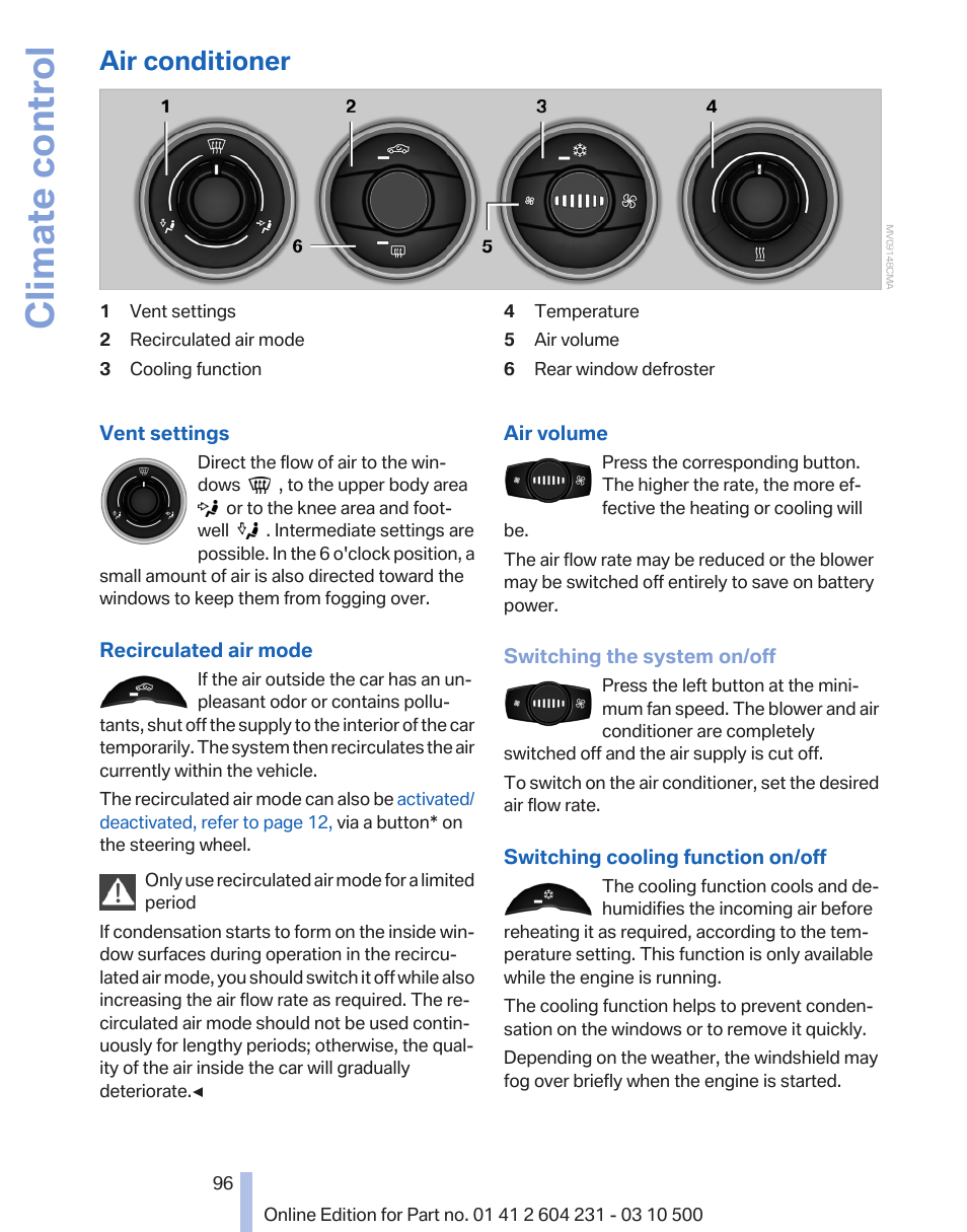 Air conditioner, Air conditioner 96, Equipment variant: air conditioner 96 | Climate control | BMW Z4 sDrive35is 2011 User Manual | Page 96 / 247