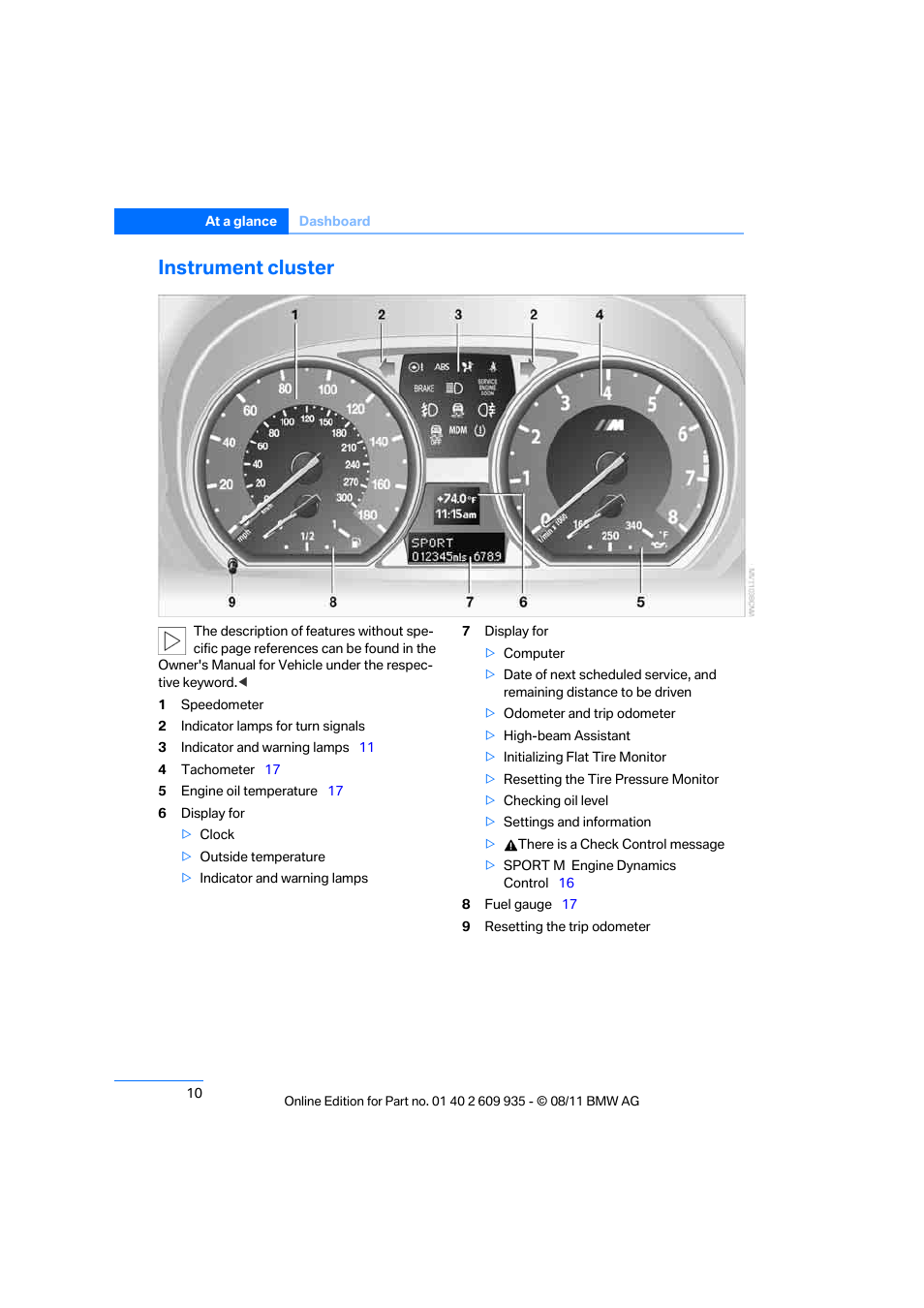 Instrument cluster | BMW 1 Series M Coupe 2011 User Manual | Page 11 / 48