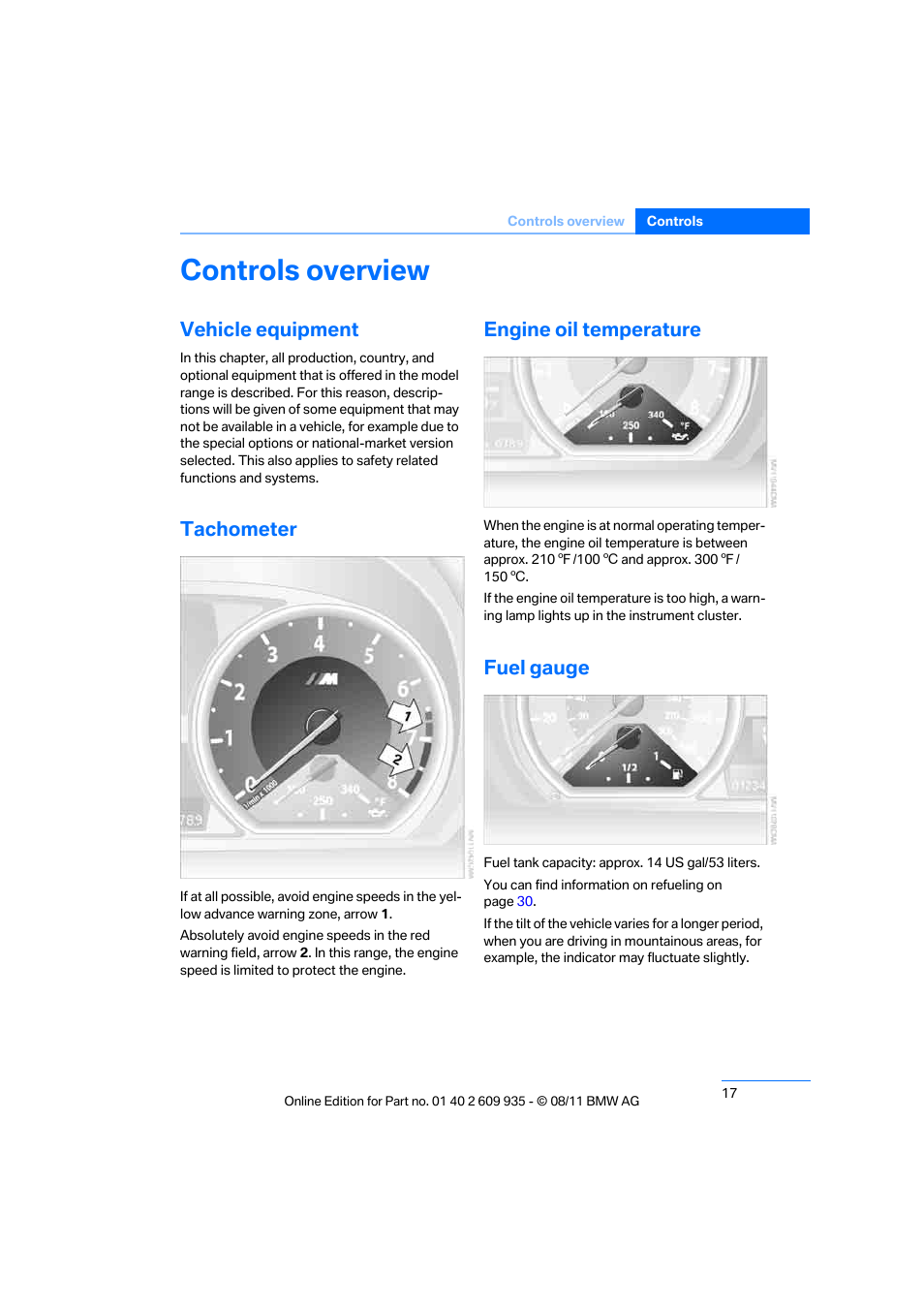 Controls overview, Vehicle equipment, Tachometer | Engine oil temperature, Fuel gauge, Eter, Il temperature | BMW 1 Series M Coupe 2011 User Manual | Page 18 / 48