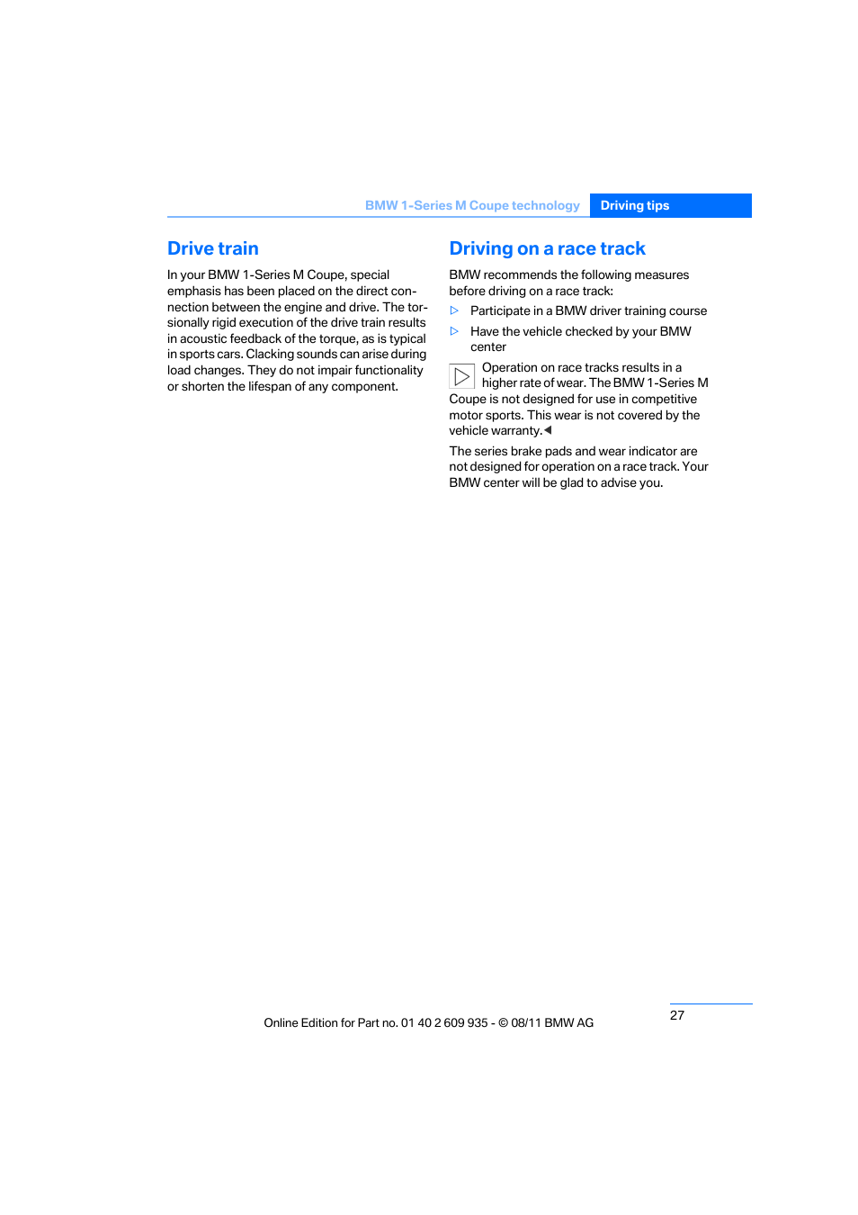 Drive train, Driving on a race track | BMW 1 Series M Coupe 2011 User Manual | Page 28 / 48