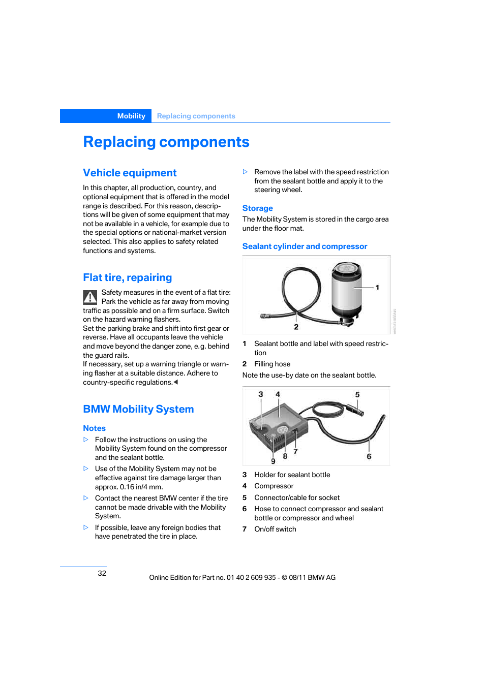 Replacing components, Vehicle equipment, Flat tire, repairing | Bmw mobility system | BMW 1 Series M Coupe 2011 User Manual | Page 33 / 48