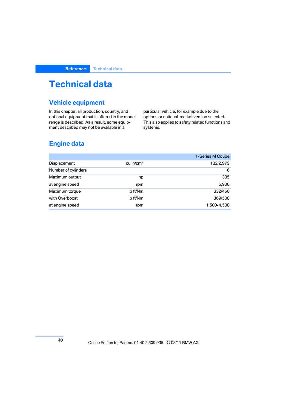 Technical data, Vehicle equipment, Engine data | BMW 1 Series M Coupe 2011 User Manual | Page 41 / 48