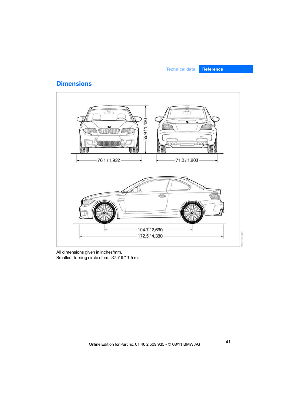 Dimensions | BMW 1 Series M Coupe 2011 User Manual | Page 42 / 48