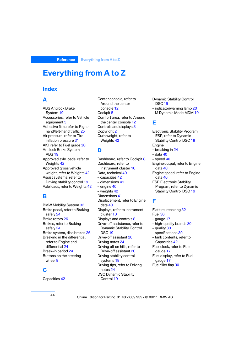 Everything from a to z, Index, Index a | BMW 1 Series M Coupe 2011 User Manual | Page 45 / 48