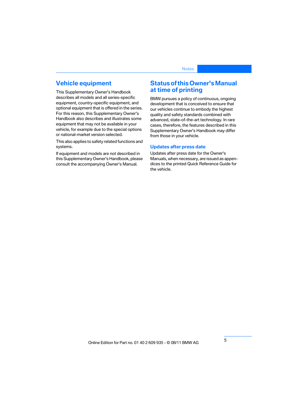 Vehicle equipment, Status of this owner's manual at time of printing | BMW 1 Series M Coupe 2011 User Manual | Page 6 / 48