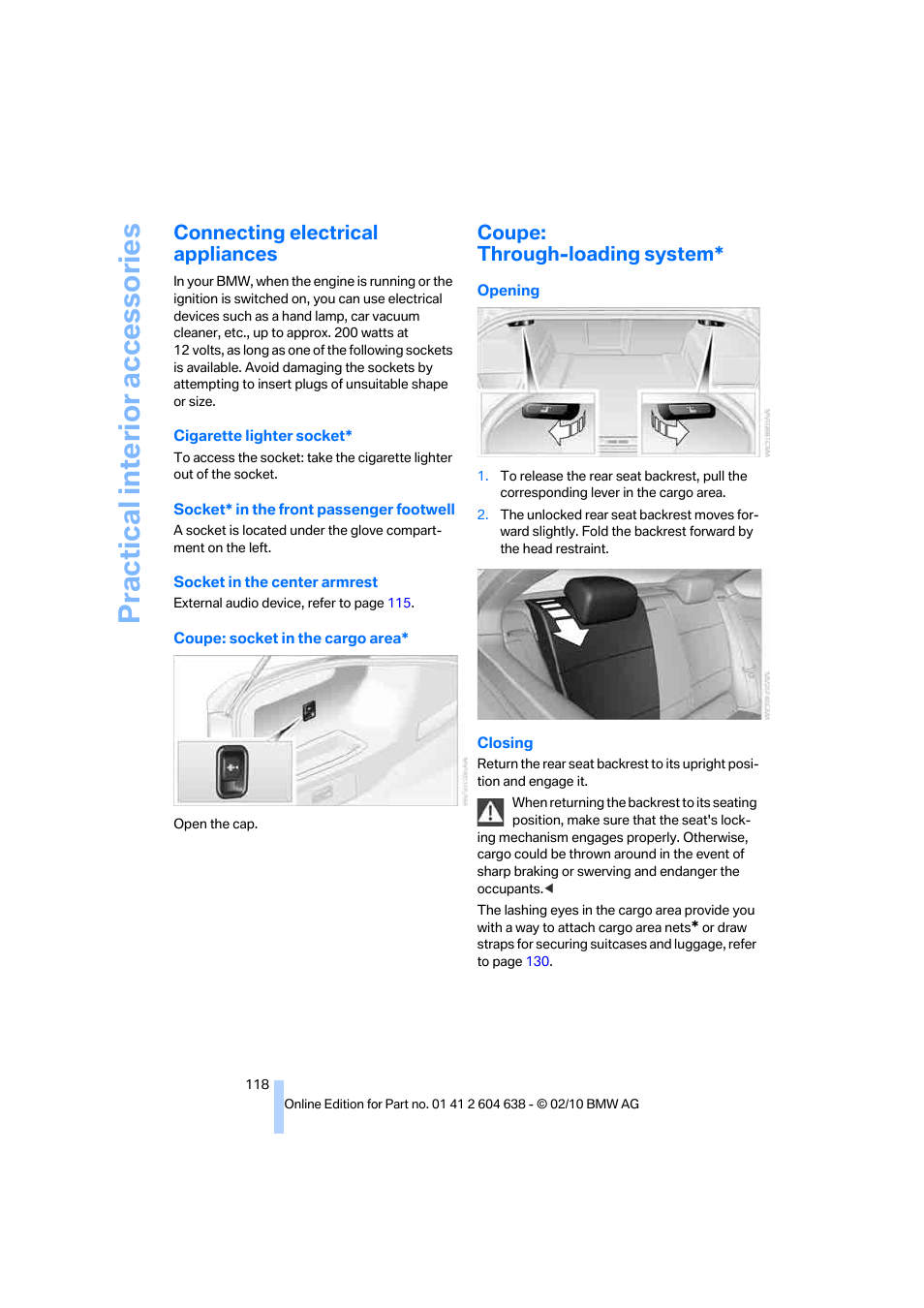 Connecting electrical appliances, Coupe: through-loading system, Practical interior accessories | BMW M3 Sedan 2011 User Manual | Page 120 / 278