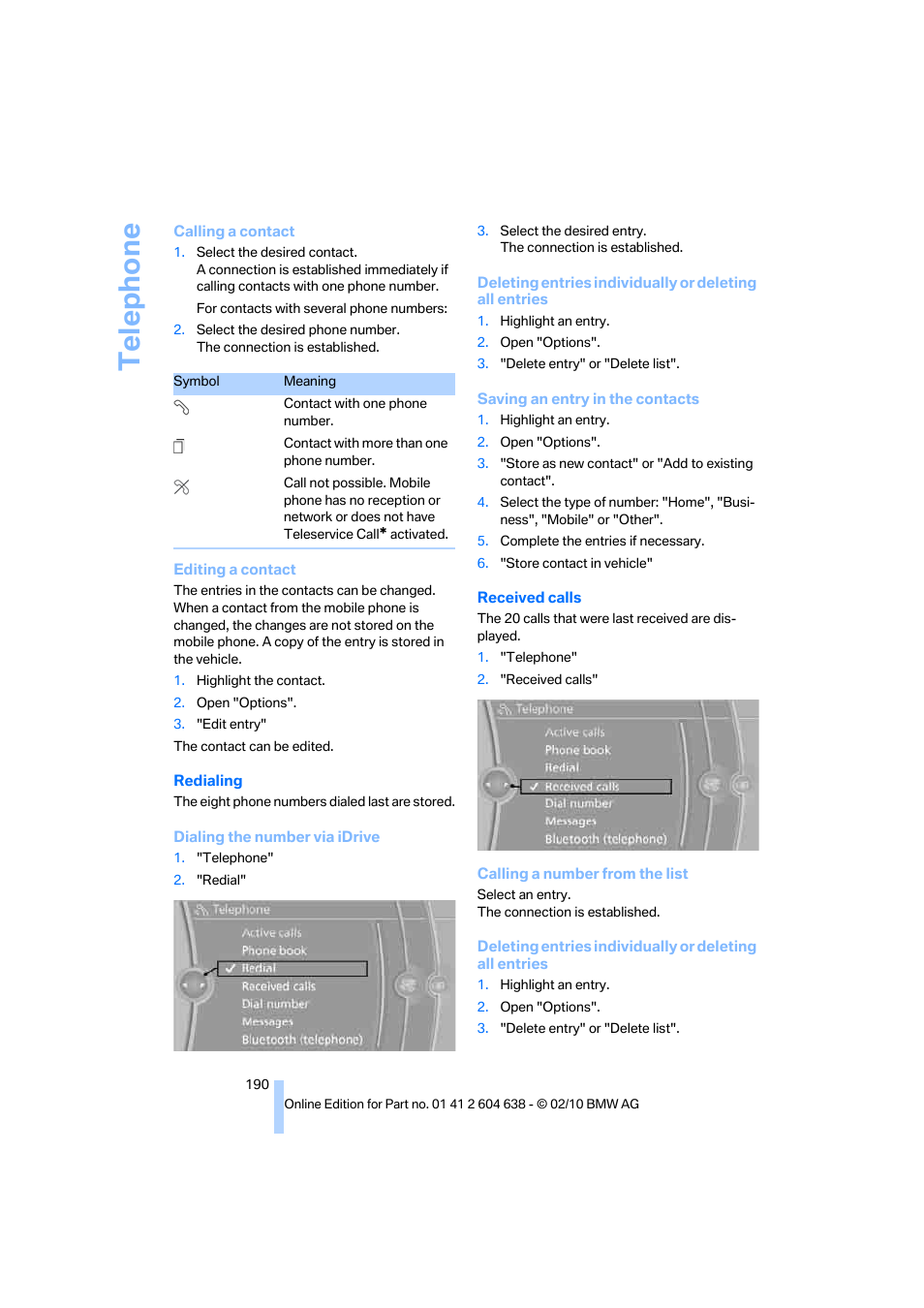 Te lephone | BMW M3 Sedan 2011 User Manual | Page 192 / 278