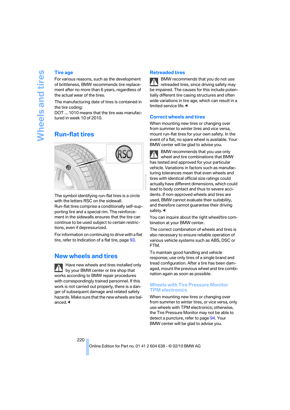 Run-flat tires, New wheels and tires, Wheels and tires | BMW M3 Sedan 2011 User Manual | Page 222 / 278