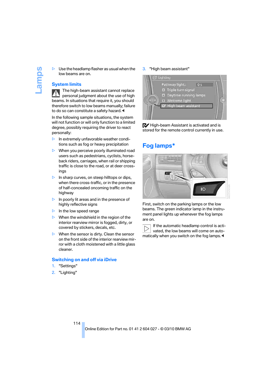 Fog lamps, La mps | BMW X6 M 2011 User Manual | Page 116 / 312