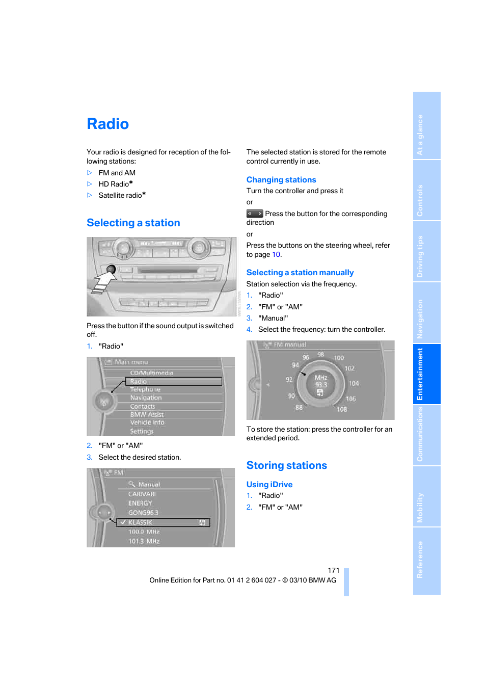 Radio, Selecting a station, Storing stations | BMW X6 M 2011 User Manual | Page 173 / 312