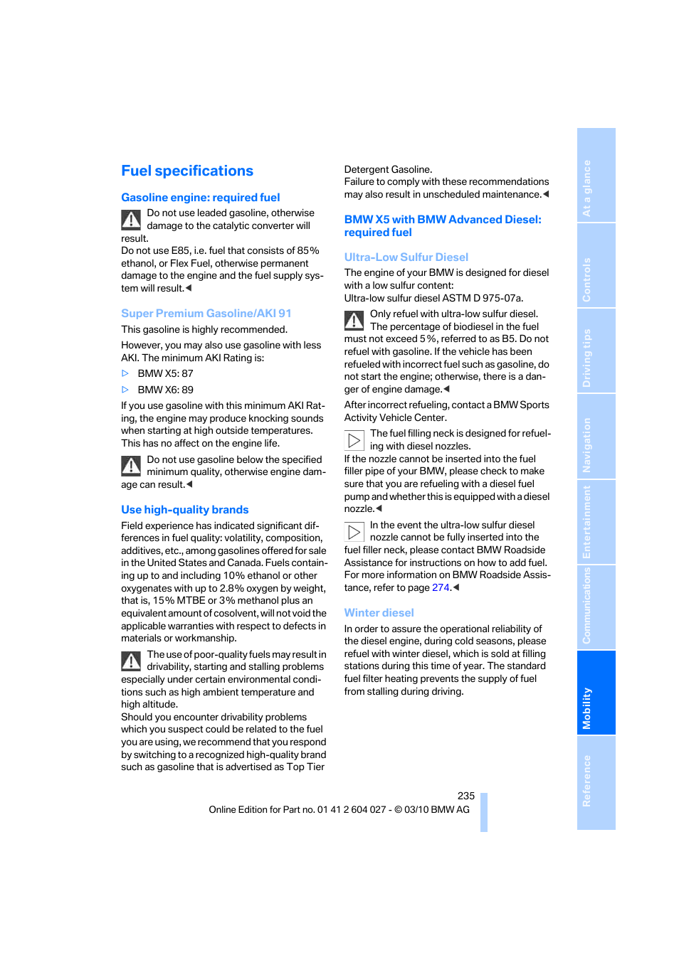 Fuel specifications | BMW X6 M 2011 User Manual | Page 237 / 312